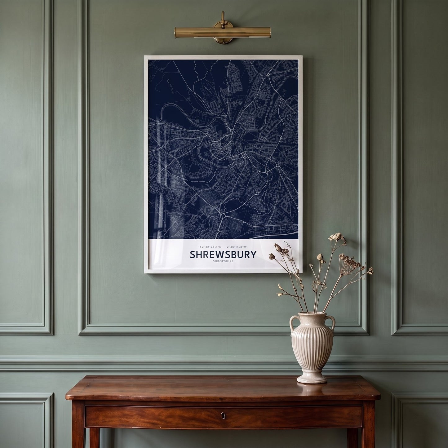 Shrewsbury — Framed Map Print (Navy)