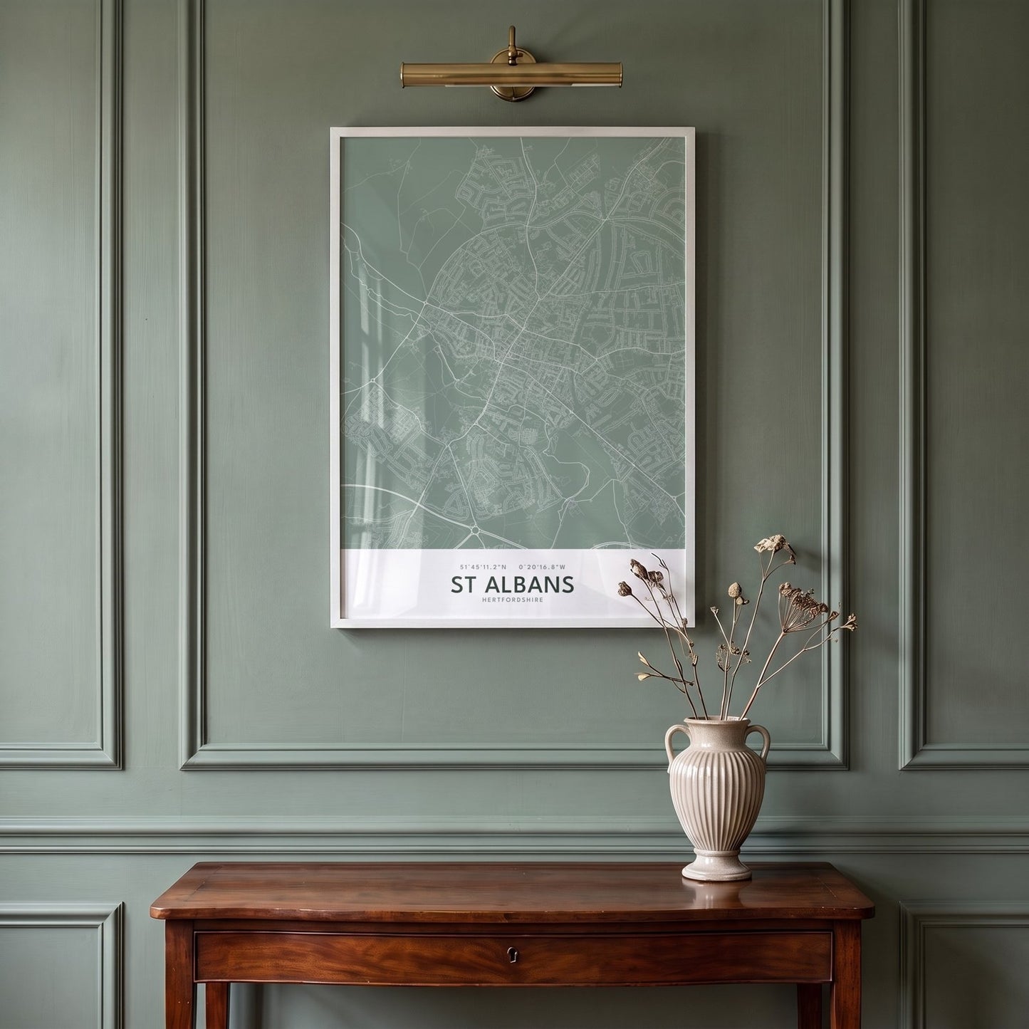 St Albans — Framed Map Print (Sage)