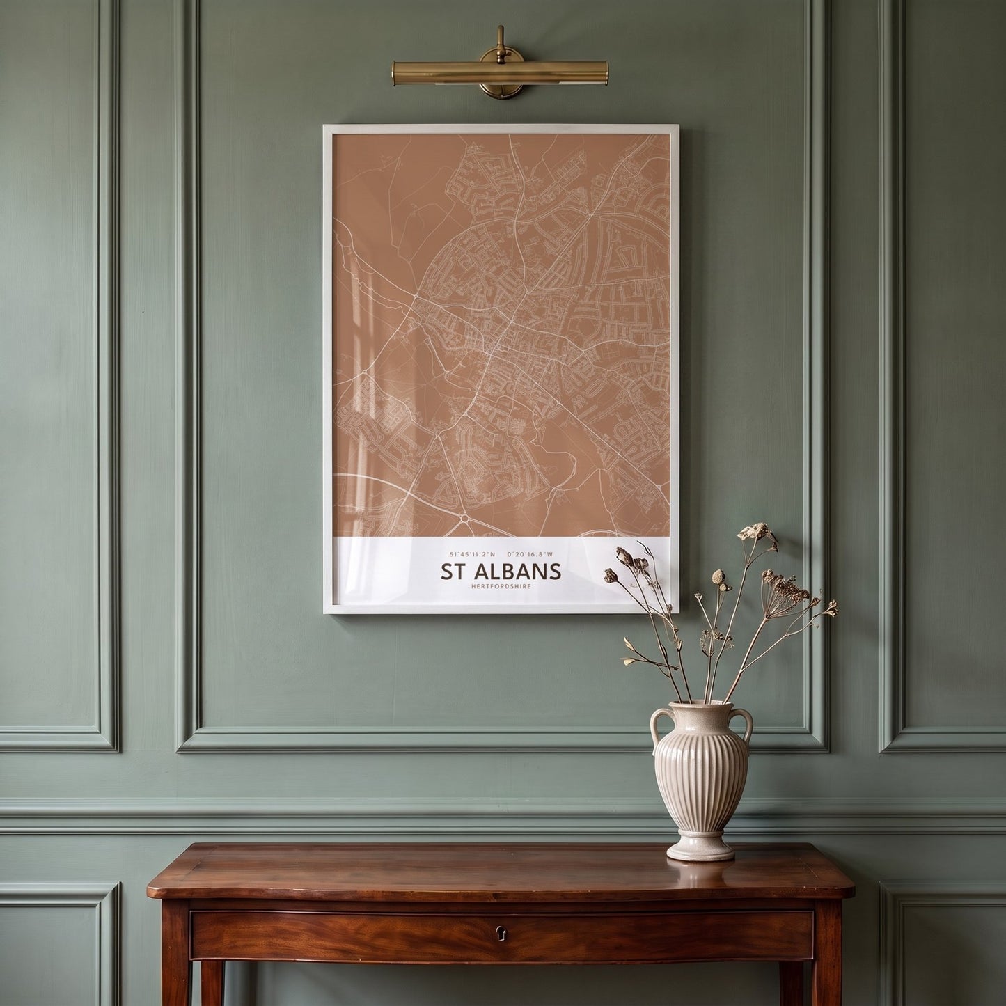 St Albans — Framed Map Print (Terracotta)