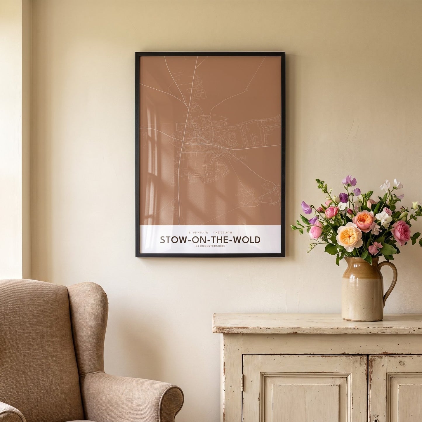 Stow-on-the-Wold — Framed Map Print (Terracotta)