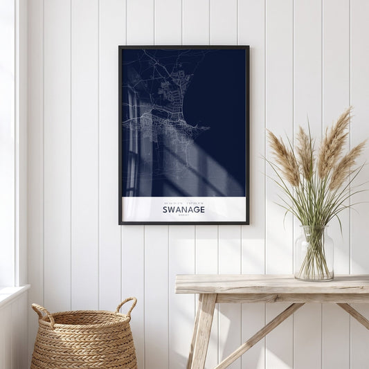 Swanage — Framed Map Print (Navy)