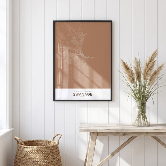 Swanage — Framed Map Print (Terracotta)