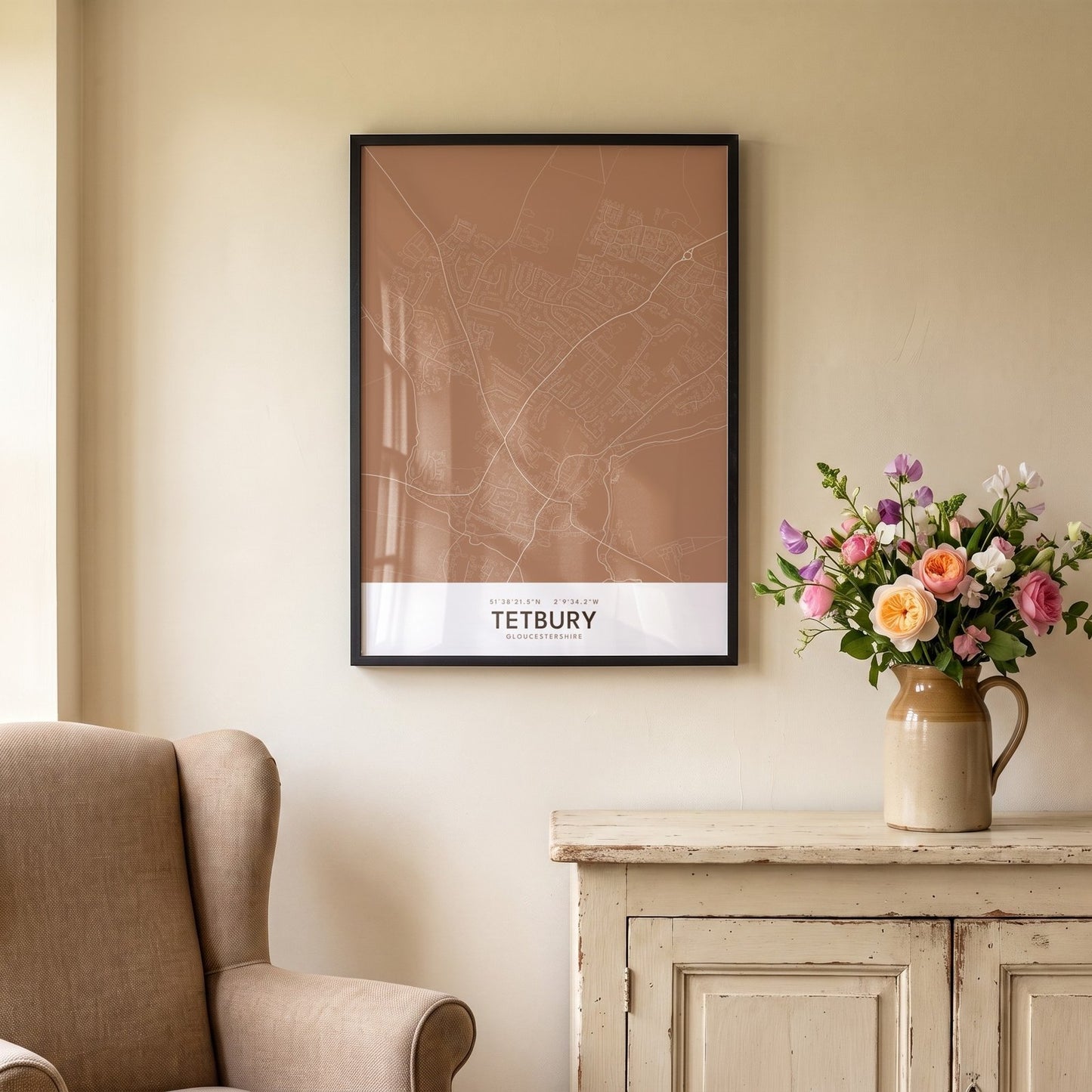 Tetbury — Framed Map Print (Terracotta)