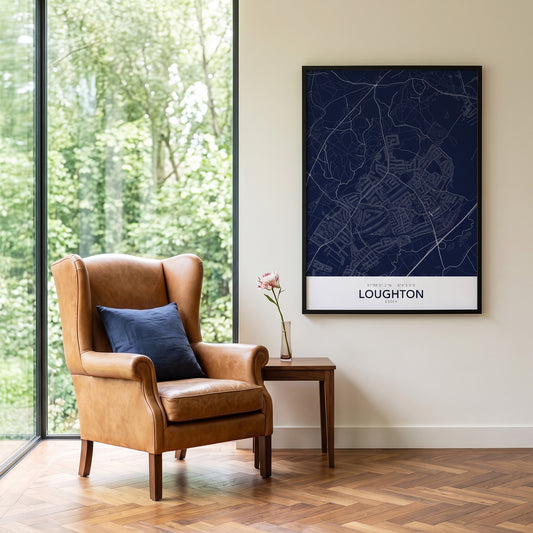 Your Town Merch — Loughton — Framed Map Print (Navy) lifestyle photo