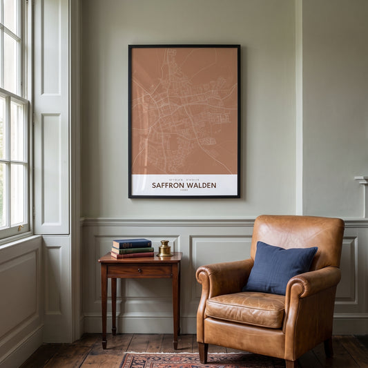 Saffron Walden — Framed Map Print (Terracotta)