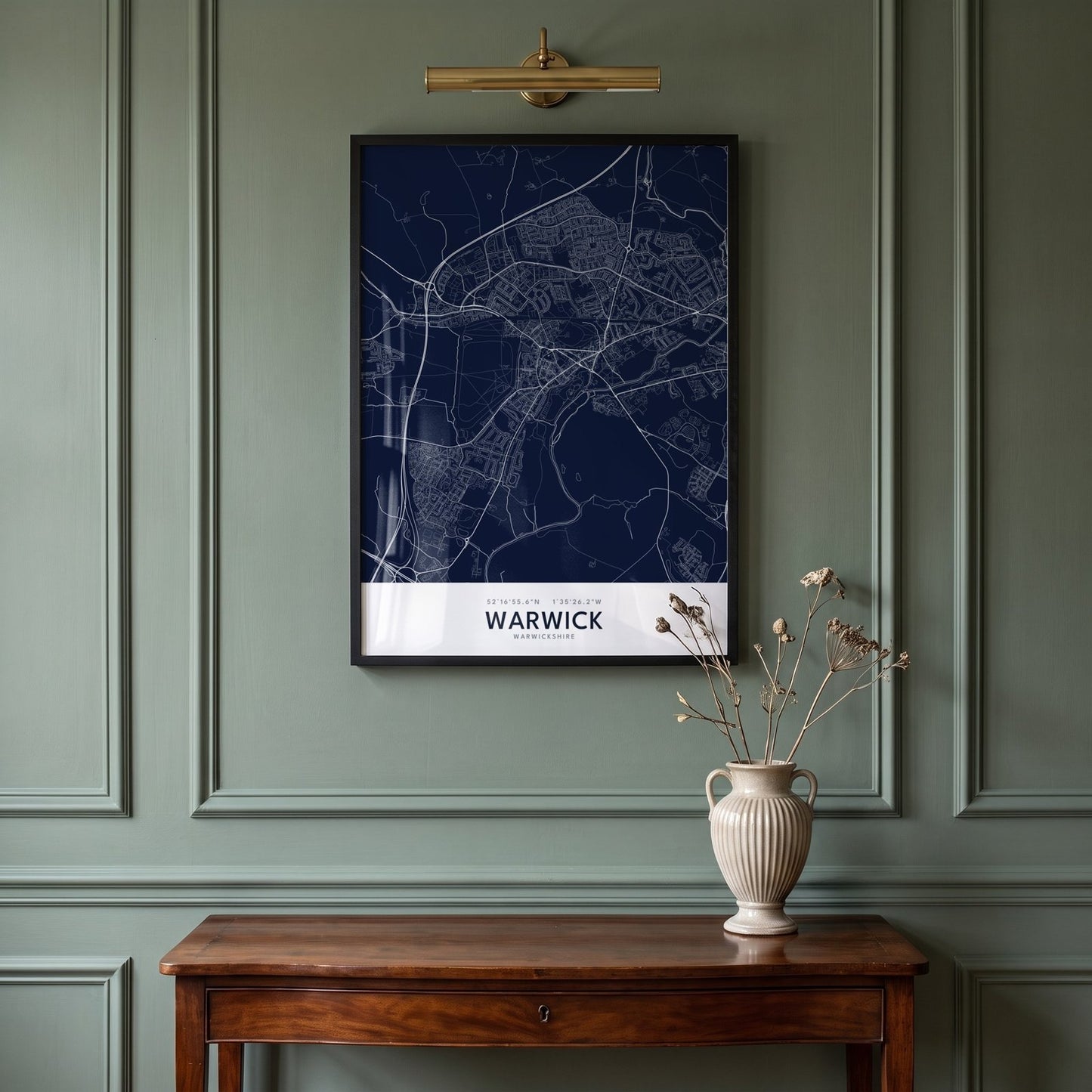 Warwick — Framed Map Print (Navy)