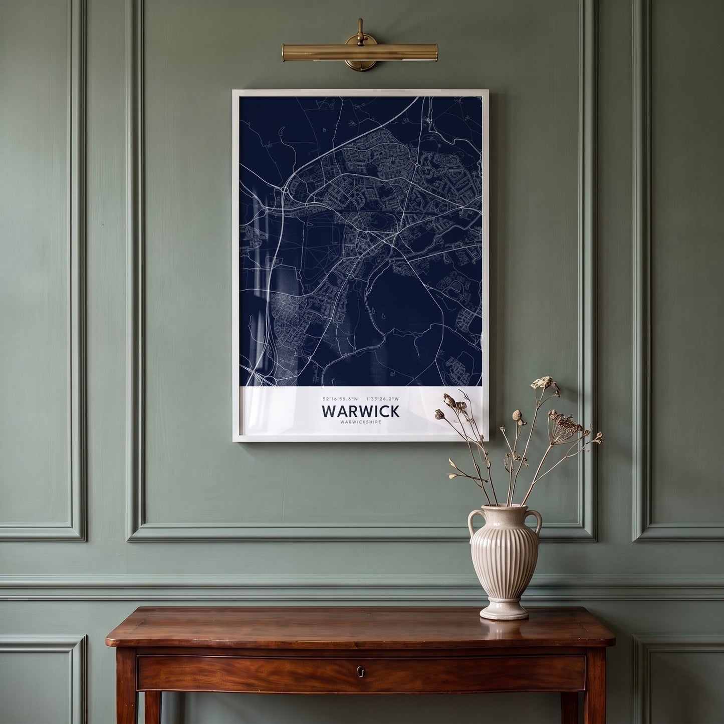 Warwick — Framed Map Print (Navy)