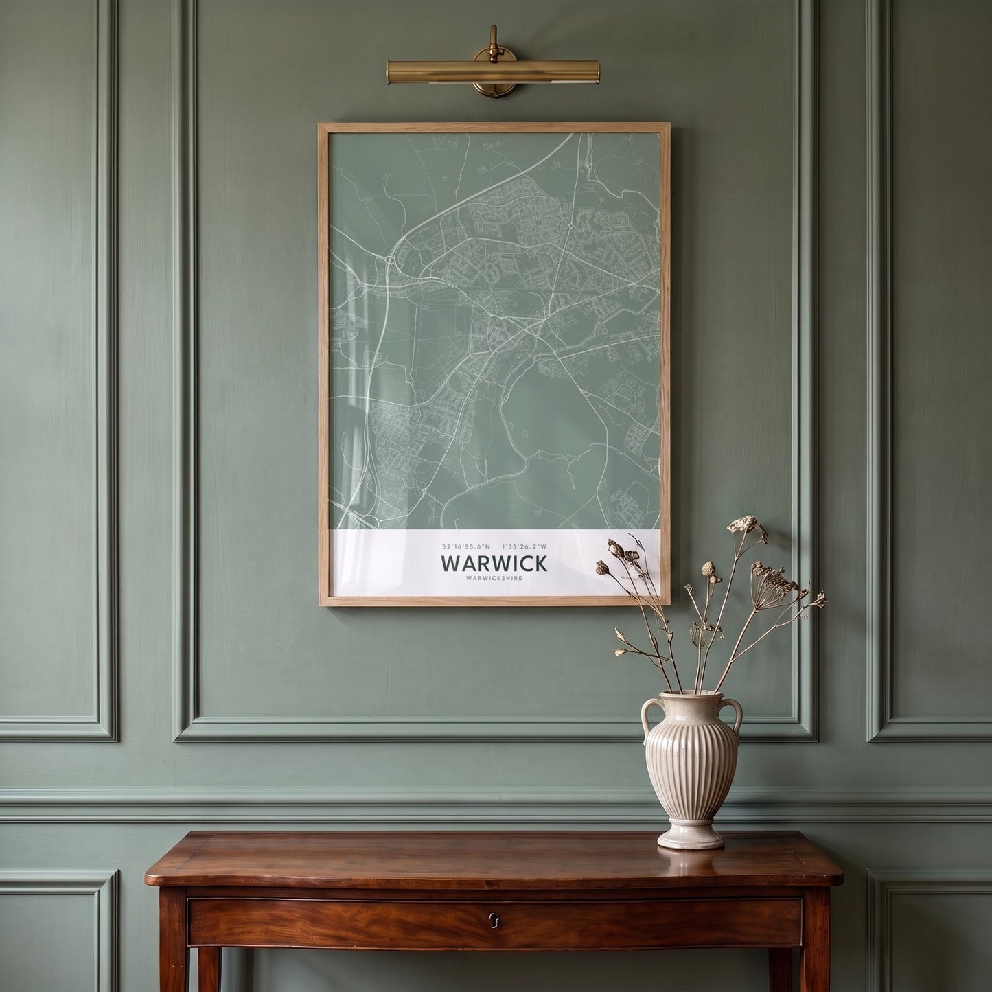 Warwick — Framed Map Print (Sage)