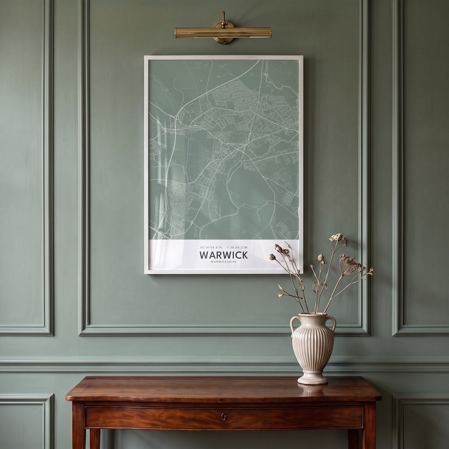 Warwick — Framed Map Print (Sage)