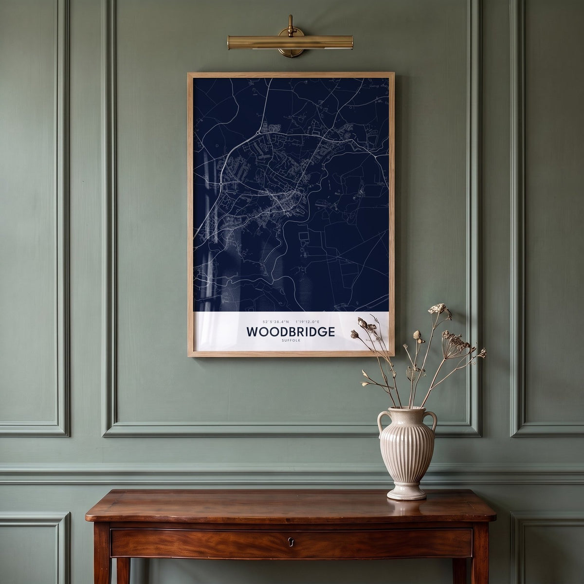Woodbridge — Framed Map Print (Navy)