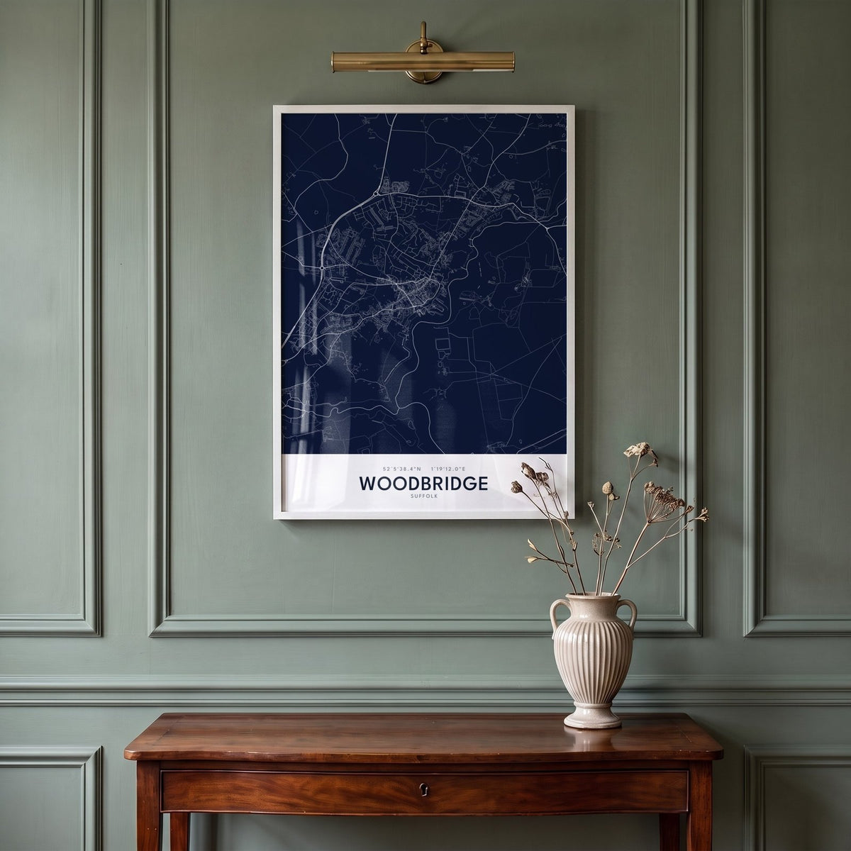 Woodbridge — Framed Map Print (Navy)